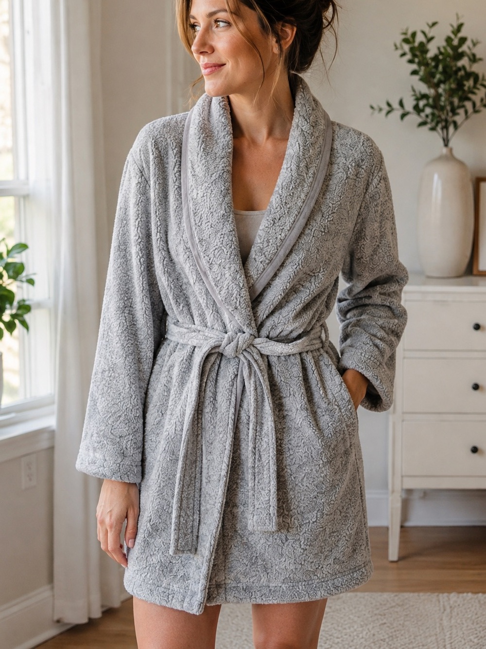 VINTAGE J. APPEL Gray Plush Shawl Collar Bathrobe Cozy Robe Size Large